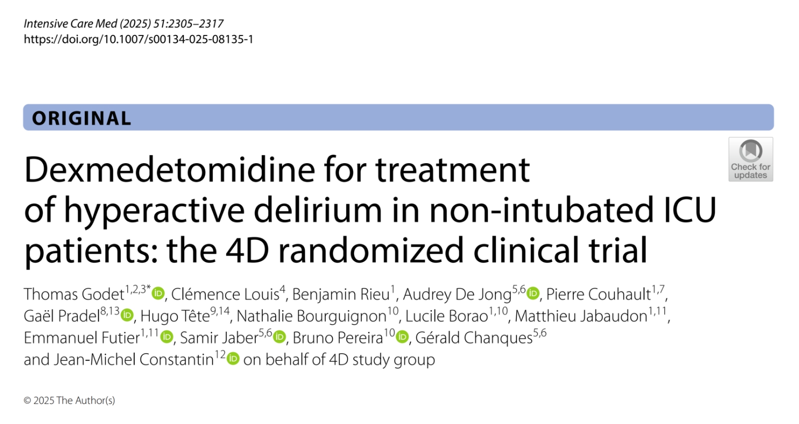 右美托咪定治疗非插管重症患者的躁动型谵妄：4D 试验